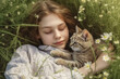 © ADDICTIVE STOCK - Generative AI illustration of top view of calm girl with closed eyes lying on grass with cat near flowers