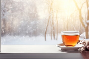  tea on winter background with copy space, ai generated