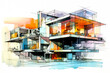 © Concept Photo Studio - Projet d'architecte pour bâtiment contemporain écologique avec appartements et espaces communautaires - Illustration à l'aquarelle de construction design - Générative IA