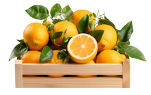 Oranges On Wooden Crate Isolated On Transparent Background. Generative AI