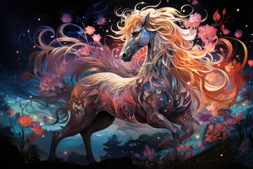 Wall Mural - A watercolor unicorn design in a cosmic space odyssey, with swirling galaxies, shooting stars, and celestial wonders, capturing the awe-inspiring beauty of the universe, Generative Ai