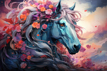 A Watercolor Unicorn Design In A Whimsical Candyland, With Cotton Candy Trees, Lollipop Flowers, And Chocolate Rivers, Generative Ai