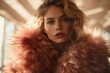 © iconogenic - Blond fashion model wearing red fur coat indoor. Trendy autumn fashion street style.