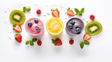 smoothie with fresh fruits and berries, top view,