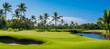 image of a golf course in the tropics with palm trees in the background. Generative AI.