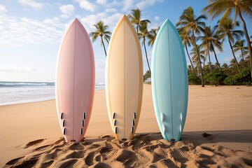 On a sandy beach in the tropics, a group of surfboards rest against the shoreline, waiting to be taken out and ridden in the wild ocean beneath the clouds and clear blue sky