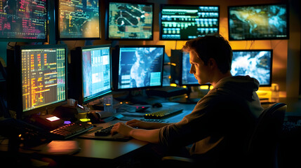 A scene showcasing a software developer coding, collaborating, and testing applications.