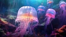 Jellyfish Underwater Background. Glowing Transparent Jelly Fish swim Deep In Blue Sea. Realistic Medusa Neon fantasy Detailed Deep ocean Creature. AI Illustration.