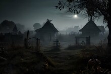 Dark Creepy Old Village In Fog