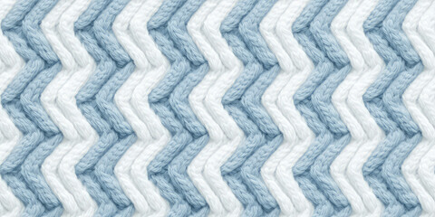 Handmade seamless pattern of light pastel blue white yarn threads, loops of yarn in thread tile ornament, repeat multicolored knitting close-up tile texture. 3d render realistic illustration style.