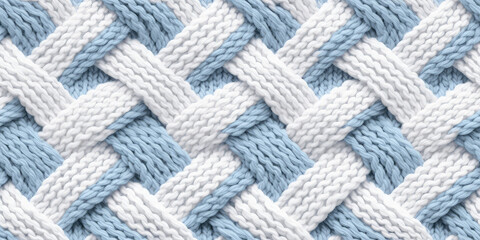 Handmade seamless pattern of light pastel blue white yarn threads, loops of yarn in thread tile ornament, repeat multicolored knitting close-up tile texture. 3d render realistic illustration style.