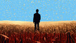A man in a suit stands in a wheat field, illustration.