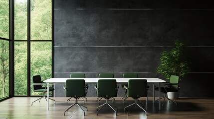 Front view of empty modern conference room with office table and chairs with dark cement wall, Generative AI