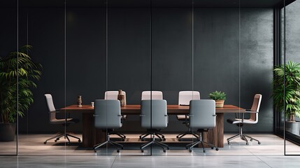 Front view of empty modern conference room with office table and chairs with dark cement wall in glass room,  Generative AI