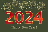 Fototapeta Tulipany - Happy New Year 2024. Festive banner with number 2024 in red and gold on fireworks background.