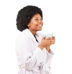 Poster - Happy, coffee and relaxed black woman in morning witn gown and smile isolated in transparent or png background. Carefree, calm and African person with tea in bathrobe, satisfied, peace and happiness