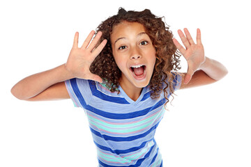 Hands, happy and portrait of child with announcement, promotion or fashion opinion. Surprise, youth and a young girl or stylish model with a gesture and smile isolated on a transparent png background