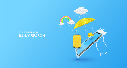 Wall Mural - Travel rainy season. Monsoon clouds with water droplets falling with rainbow. Luggage bag, hat and yellow umbrella float away from smartphone in waterproof pouch. For tourism ads design. 3D Vector.