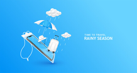 Wall Mural - Travel in the rainy season. Monsoon rain clouds with water droplets falling. Luggage bag, hat white and umbrella float away from smartphone in waterproof pouch. For media tourism ads design. 3D Vector