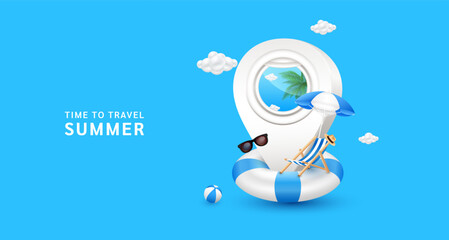 Wall Mural - Airplane window inside location pin white placed on rubber ring with deck chair umbrella, glasses and volleyball on blue background. For media tourism ads design. Holiday travel summer. Vector 3D.