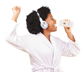 Poster - Black woman, phone and singing while listening to music in happiness with bathrobe isolated on a transparent PNG background. Singer, headphones or happy African female dancer with mobile smartphone