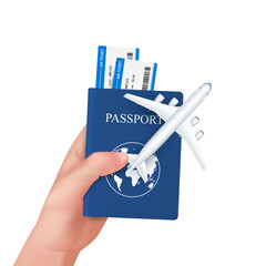 Wall Mural - Tourist hand holding blue passport with ticket and airplane. 3D isolated on white background. For media tourism ads design. Holiday travel. 3D Vector.