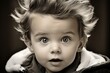 Portrait of surprised cute baby boy - sepia tone, close-up.