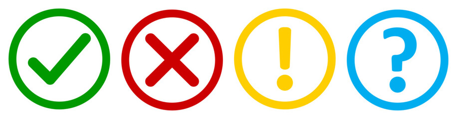 Aufkleber - Set of flat round check mark, X mark exclamation point and question mark. Checkmark, exclamation, X mark and question mark icon. Vector illustrations in outline color green, yellow, red and blue.