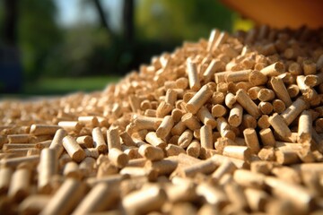 A pile of organic biofuel wooden pellets made from compacted sawdust and by-product of woodworking operations. Alternative energy, ecological heating, biofuel concept. Close up