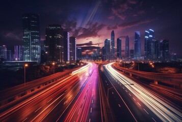 Wall Mural - A long exposure shot of the city skyline or other cityscape at night, capturing light trails from moving vehicles or other light sources. generative ai