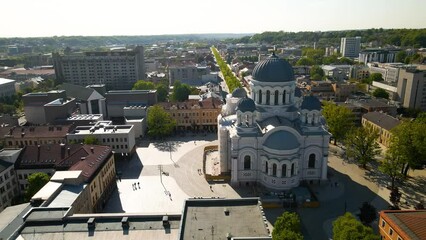 Poster - Aerial of the St. Michael the Archangel's Church in Kaunas, Lithuania on a sunny day