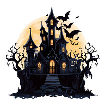 Halloween House With Bats, Isolated On White Background, Vector Illustration.