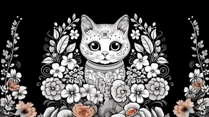 Wall Mural - cat on a branch black and white coloring 