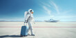 © Art Gallery - Astronaut with blue travel suitcase going along the runway for flight at the airport or spaceport, banner with copy space