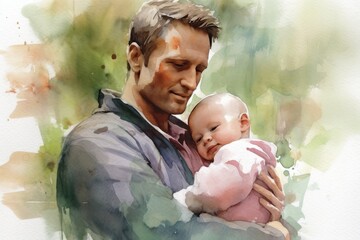 Wall Mural - Watercolor illustration father with a baby in their arms. Family and child care concept. Generative AI