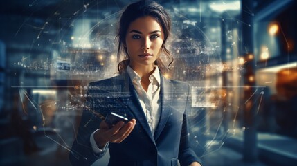 business innovation data technology business woman engineer communicate source code programing data virtual hud digital technology innovation touch screen interface hologram,ai generate