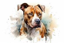 Watercolor Illustration Of Boxer Dog Portrait With Drops And Splashes Of Watercolor Paint