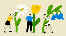 Various People With A Giant Flowers. Young Person Holding Flower. Cute Funny Isolated Characters. Cartoon Style. Hand Drawn Vector Illustration. Flower Delivery Service, Florist, Botanical Concept
