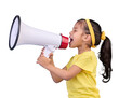 © Shubham Mayur/peopleimages.com - Voice, shout and child with megaphone for news, opinion and announcement at protest. Talking, speaking and girl kid with loudspeaker for communication or scream isolated by transparent png background