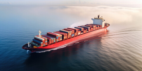 Aerial top view of cargo maritime ship with contrail in the ocean ship carrying container and running for export concept technology freight shipping by ship forwarder mast