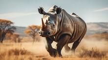 A Rhino Grazes In An Open Field