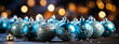 Blue christmas balls over blurred background, banner