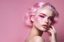 Fashion Editorial Concept. Closeup Portrait Of Stunning Pretty Woman With Chiseled Features, Pink Makeup And Hair. Illuminated With Dynamic Composition And Dramatic Lighting. Copy Text Space