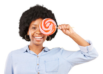 Poster - Candy, smile and black woman with lollipop in portrait isolated on a transparent png background. Face, sweets or happy African person with sugar snack, hungry for dessert or eating confectionery food