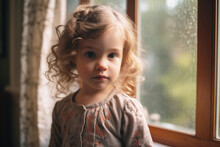 Sad Toddler Girl Is Depicted Standing By A Window, Her Gaze Fixed On The Outside World, Perhaps Longing For Something Or Someone, Evoking A Sense Of Longing And Contemplation