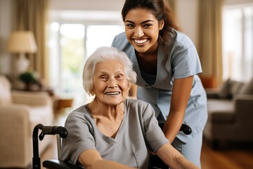 Senior woman and her female caretaker in a nursing home smiling