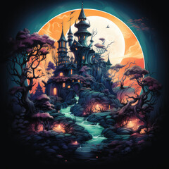 A gothic and macabre halloween haunted house t-shirt design featuring a haunted castle perched on a cliff, with stormy skies, ravens circling above, Generative Ai