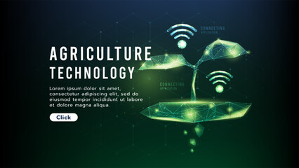 A sapling is growing on the ground.Connection to wifi.low polygon design of wifi symbol.Hi-tech agriculture technology concept glowing green tones on dark background.Vector illustration.