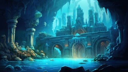 Wall Mural - Coral City Ruins, Illustrate the remains of an ancient city submerged beneath the ocean game art