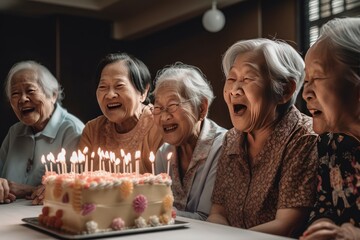 Wall Mural - Seniors celebrating a birthday in a nursing home